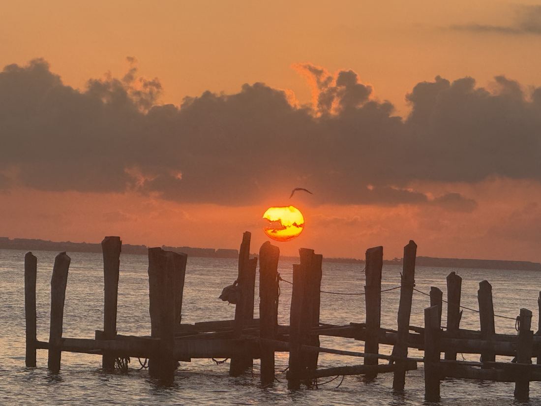 Sun setting behind old pilings
